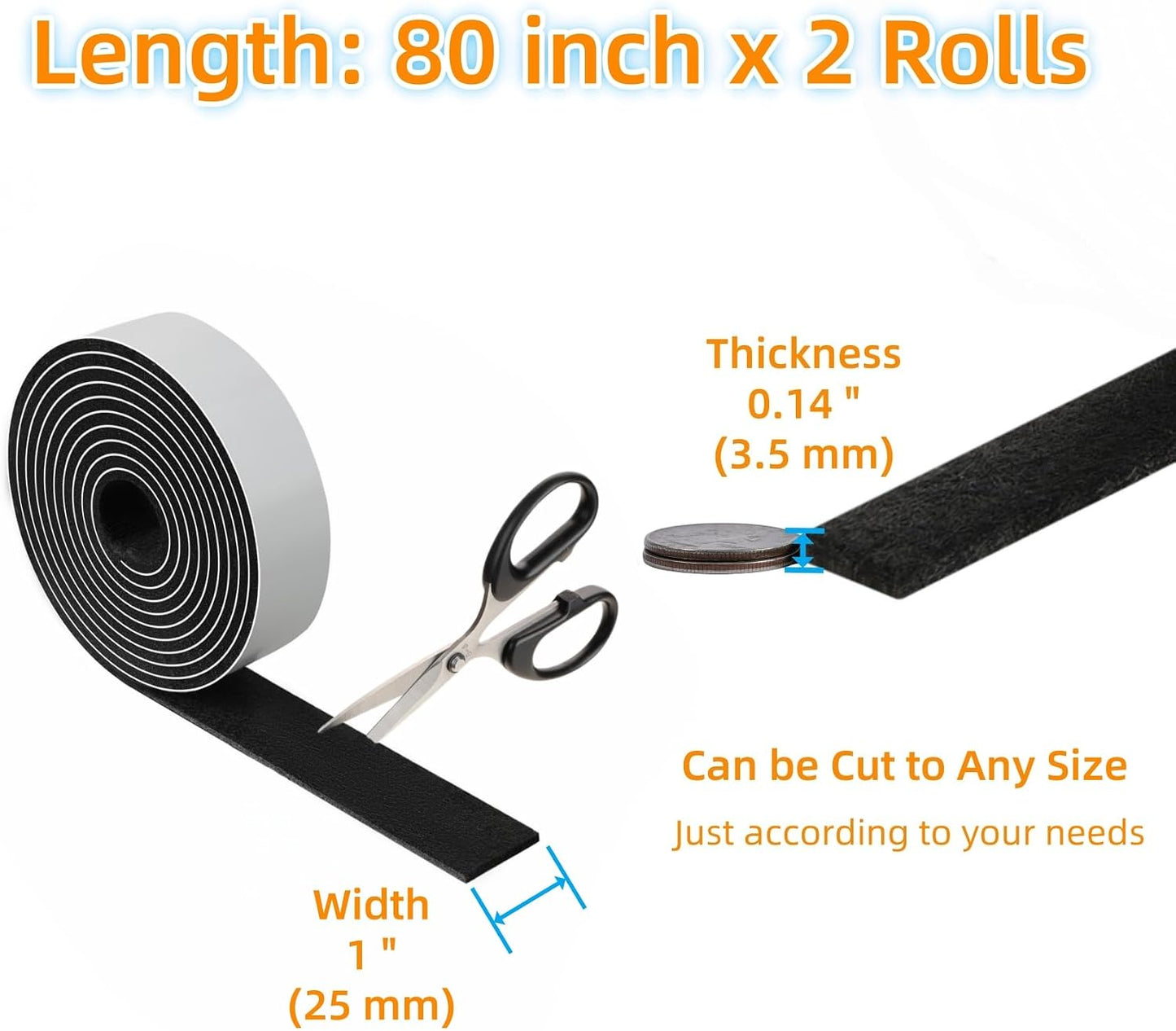 Felt Strips with Adhesive Backing Heavy Duty Cuttable Felt Tape Roll Furniture Pads for Chair Legs - Protecting Hardwood Floors, Chair Wall Protector (Black, 80 x 0.5 x 0.14 Inch)