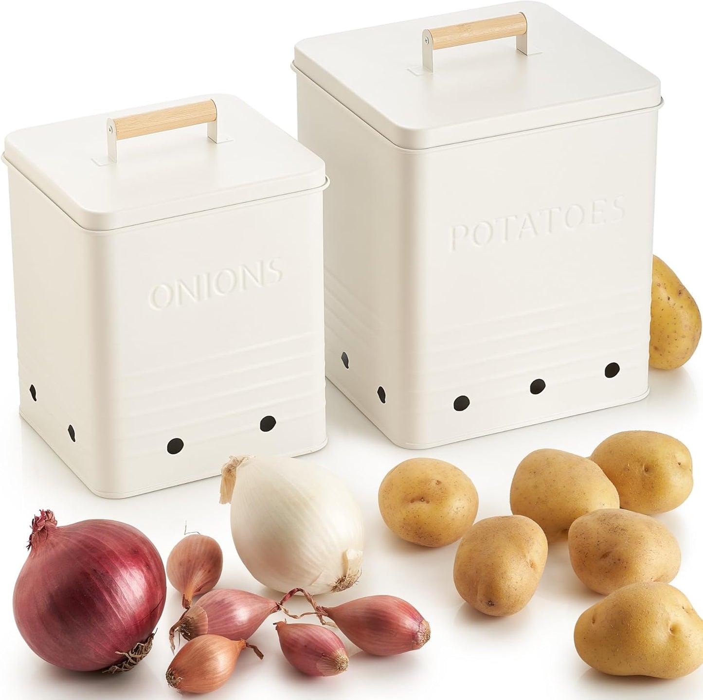 Beautiful Potato and Onion Storage Container Set - Food Safe Metal Bins | Spacious 10.1" and 8.9" Canisters for Your Kitchen Counter or Pantry - Keeps Produce Fresh Longer