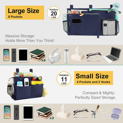 Surblue Bedside Caddy Hanging Organizer Storage Bag Pocket for Bunk, Hospital, College Dorm Rooms, Baby Bed Rails, Camp - 4 Pockets, 2 Hooks (Blue)