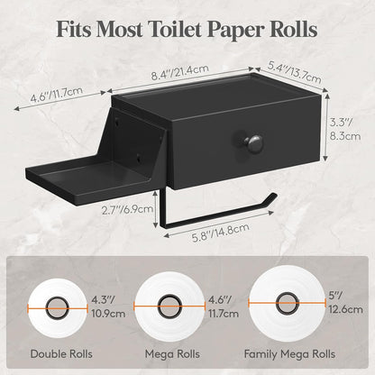 Lifewit Toilet Paper Holder Wall Mount with Shelf & Drawer, Black, 1 Pack | Screw or adhesive installation, sturdy bathroom tissue storage, holds wipes & small toiletries, bathroom accessory organizer