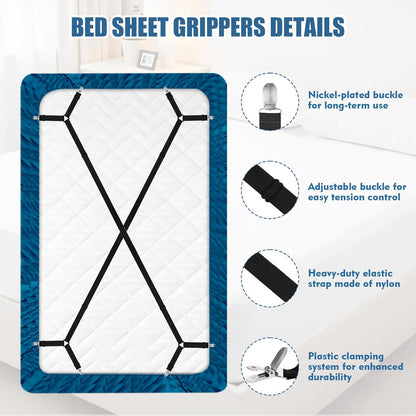 4Pcs Sheet Holders, Adjustable Bed Sheet Holders for Corners Elastic | Sheet Straps Upgrade with Metal Clips Keep Sheet Firm & Tight, Non-Slip Strong for Crib to King Size Bed