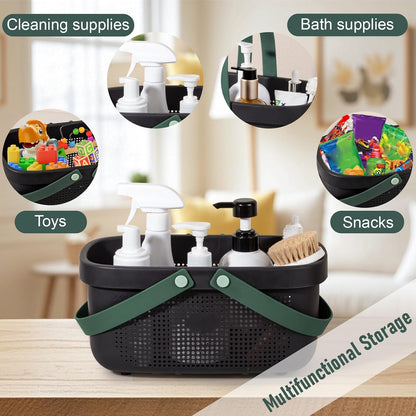 JiatuA Plastic Storage Basket with Handle Portable Shower Caddy Tote Organizer Basket Bin for Bathroom Kitchen Dorm Room Bedroom, Green | Sturdy Drainage Large Capacity Organizer Basket with Silicone Handles for Bathroom Kitchen Bedroom College Dorm
