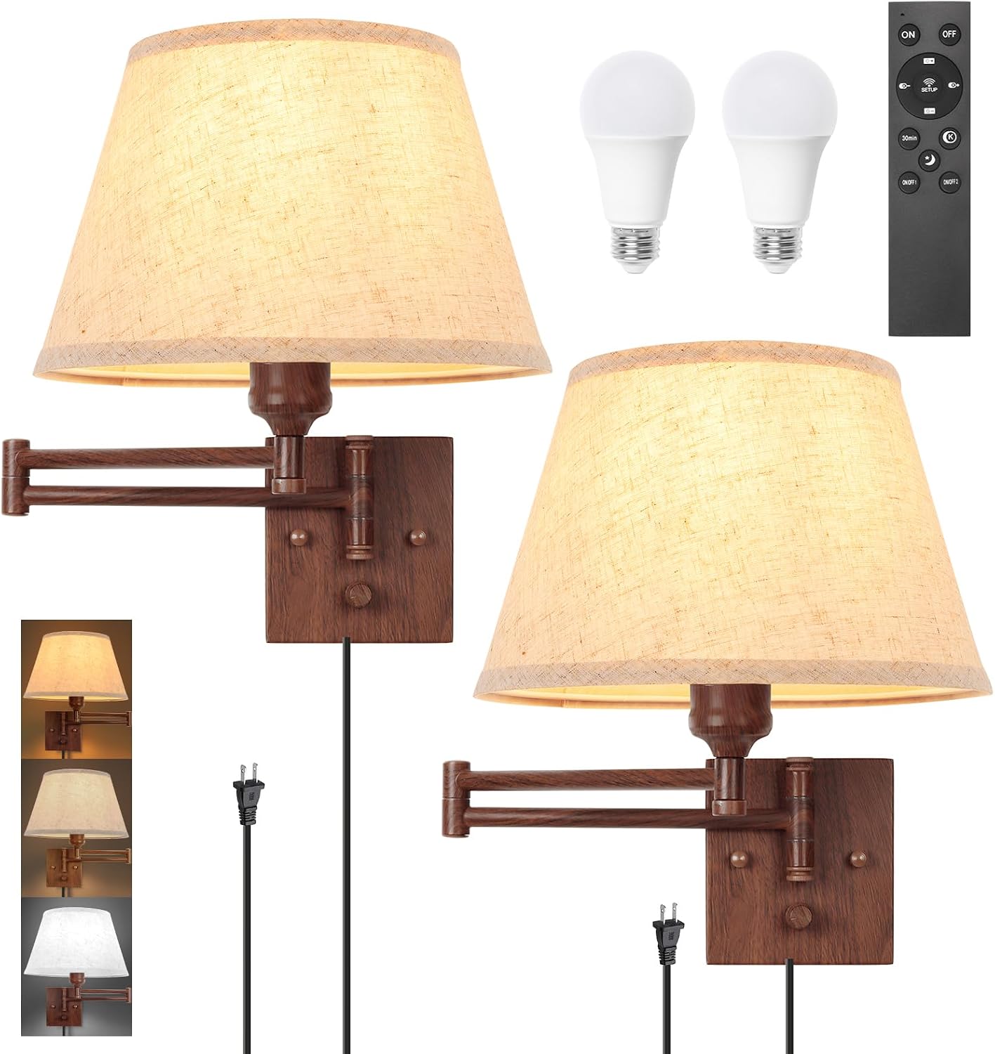 TRLIFE Wall Sconce Plug in, Dimmable Wall Sconces Set of Two Swing Arm Wall Lights with Plug in Cord and On/Off Dimmer Rotary Switch, 9.4" Medium Beige Fabric Shade(2 Pack, 2 Bulbs)