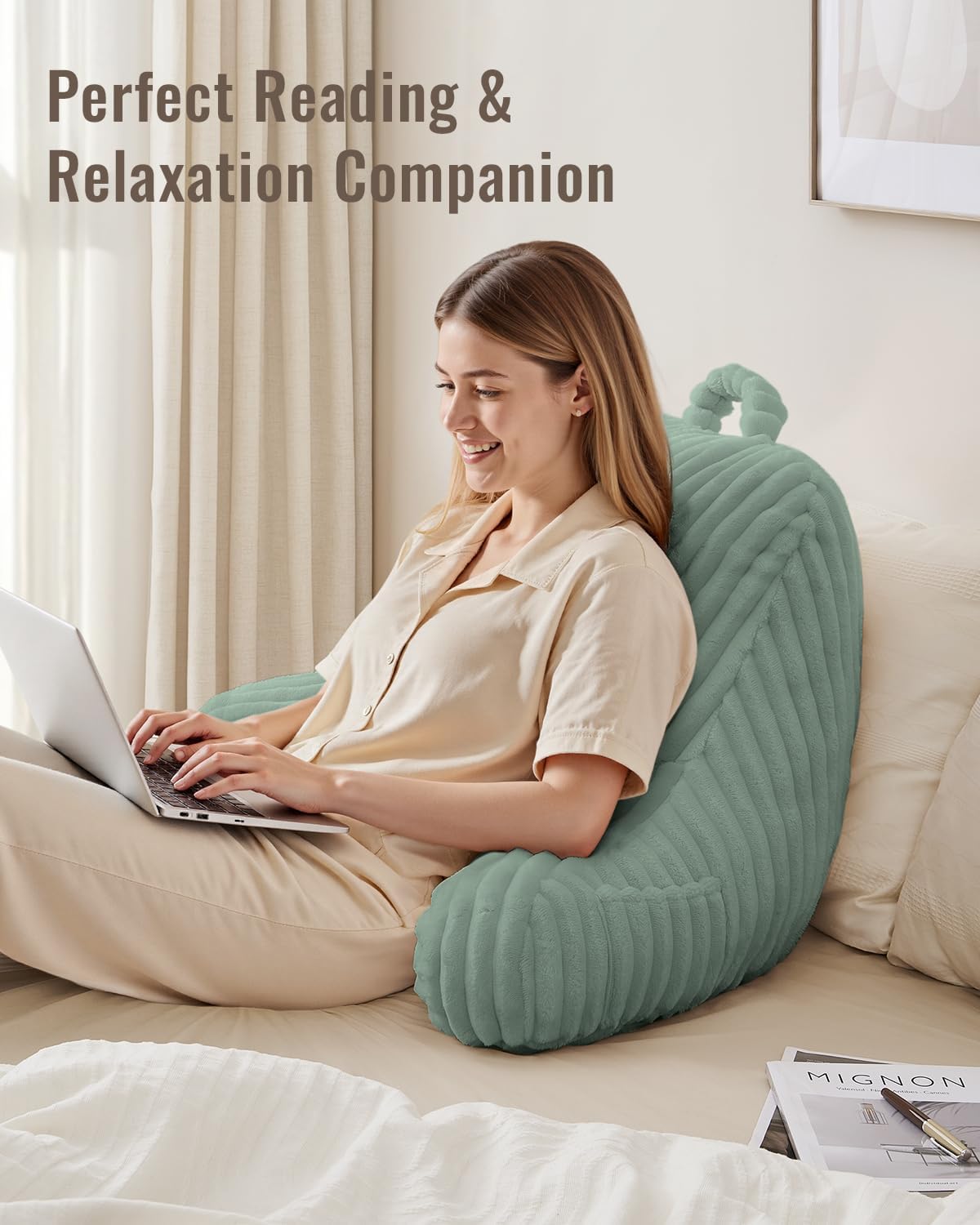 Blissful Diary Reading Pillow, Backrest Pillow with Shredded Memory Foam for Adult & Children, Designed for Bed and Couch Sitting Up, Includes Arms, Pockets and Washable Cover, Off White