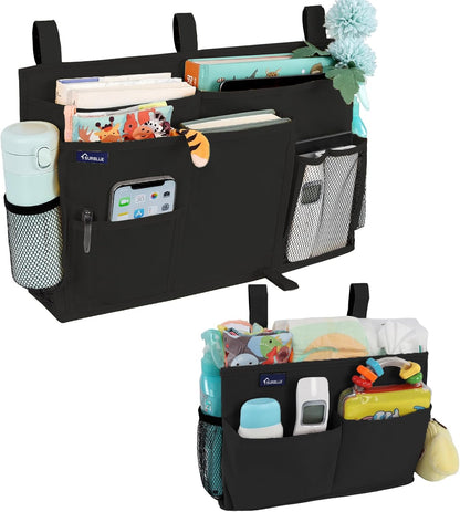 Surblue Bedside Caddy Hanging Organizer Storage Bag Pocket for Bunk, Hospital, College Dorm Rooms, Baby Bed Rails, Camp - 4 Pockets, 2 Hooks (Blue)