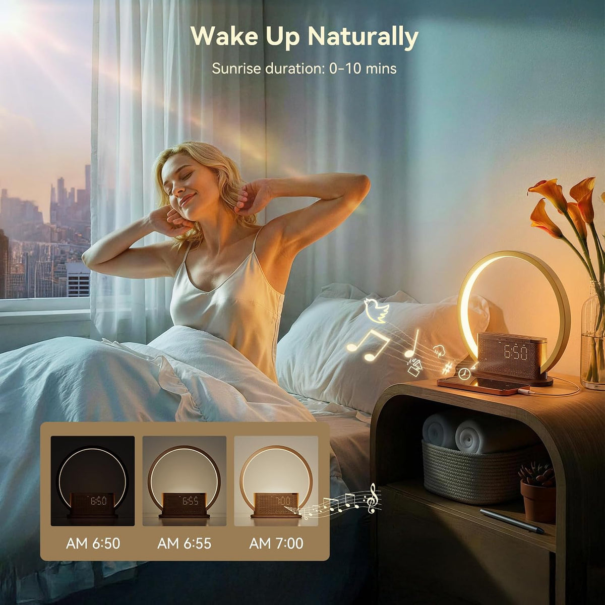 Wood Grain Alarm Clock with Sunrise Lamp & White Noise Sound Machine
