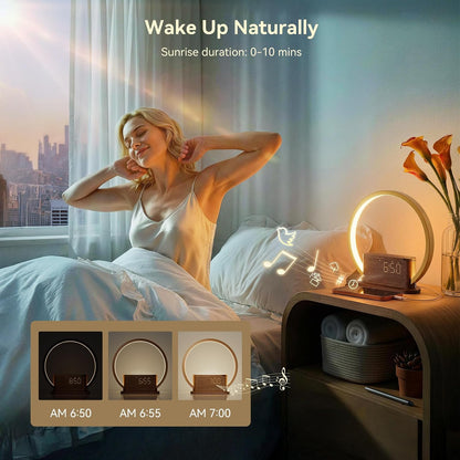 Wood Grain Alarm Clock with Sunrise Lamp & White Noise Sound Machine