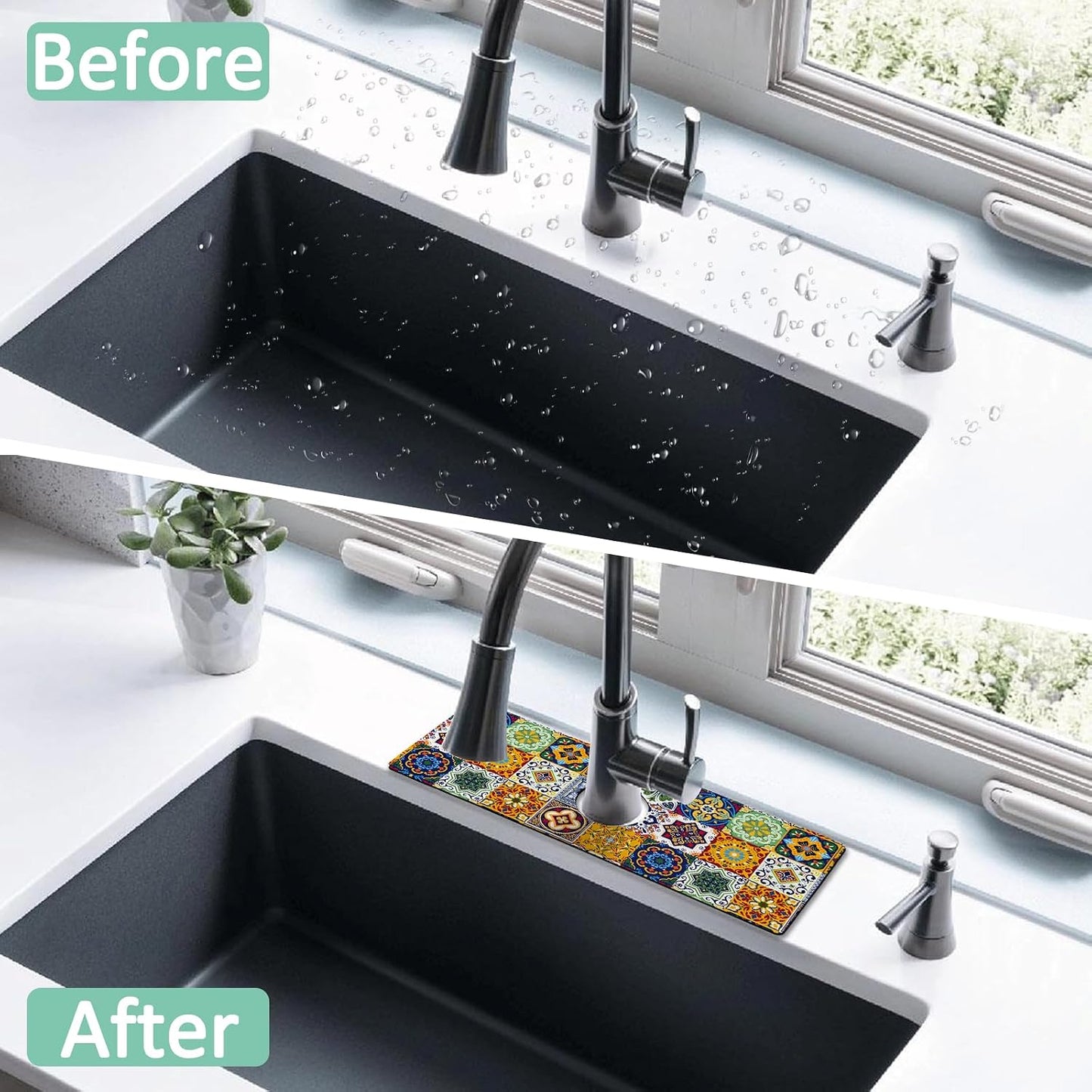 Kitchen Sink Splash Guard Faucet Mat 24" X 5.5" Tropical Leavesl Absorbent Fast Drying Mat Faucet Draining Mat Sink Splash Guard Behind Faucet Drip Catcher for Kitchen Bathroom
