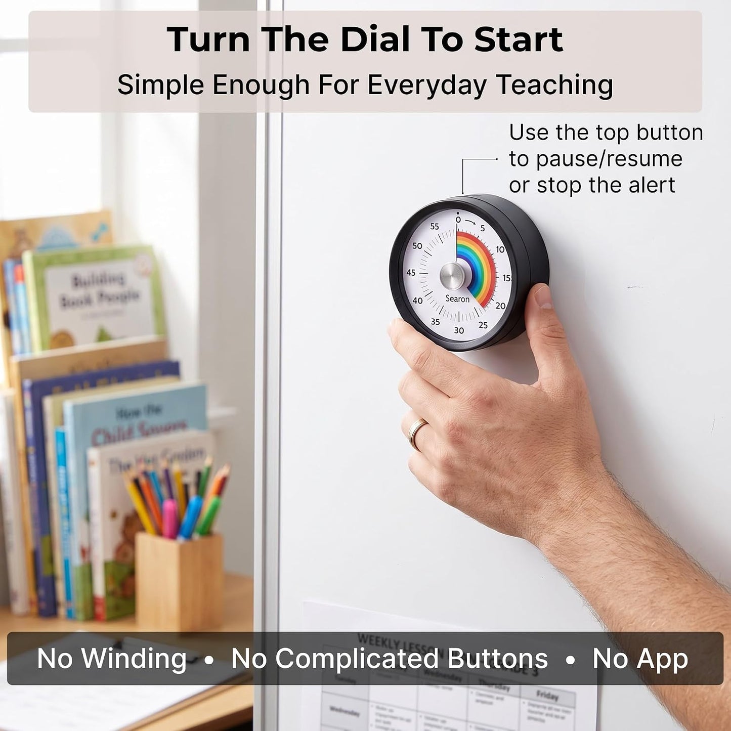 Searon Magnetic Visual Classroom Timer for Teachers, 60-Minute Countdown | No-Tick with Sound or Silent LED Alert, Pause, Magnet/Stand/Hang for Reading, Small Groups & Classroom Routines