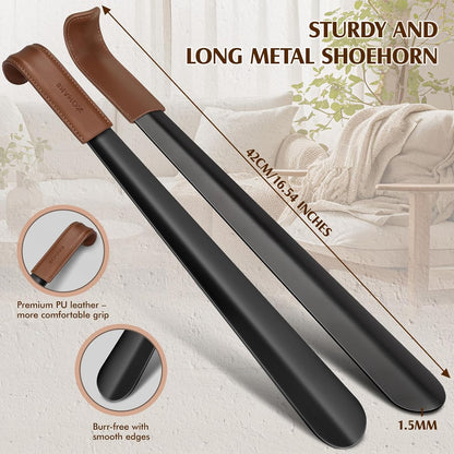ZOMAKE Shoe Horn Long Handle for Seniors Men Women,Metal Long Shoehorn for Boots,16.5" Shoe Spoon Helper(Brown Handle) | 1Pack Stainless Steel Boot Horn Shoe Spoon Helper, Smooth Edges, Comfort Grip, No Bending Over, Shoe Protection(Brown Handle)
