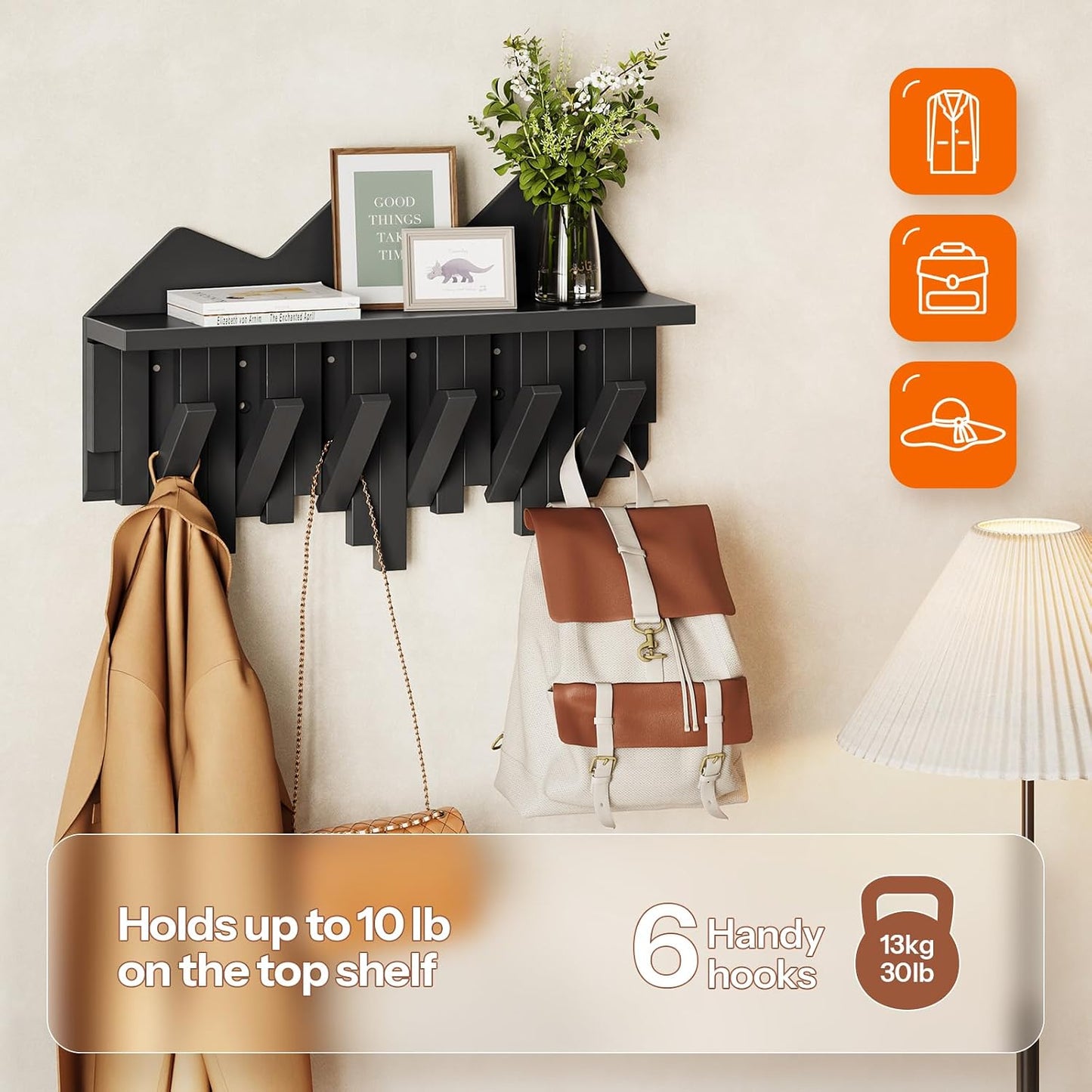HOOBRO Wall Hooks with Shelf, Coat Rack with Shelf Wall-Mounted, Entryway Wall Key Holder, Hat Rack for Walls, Purse Hanger for Wall, Entryway Hanging Shelf with 6 Retractable Pegs, Black BK46YM01