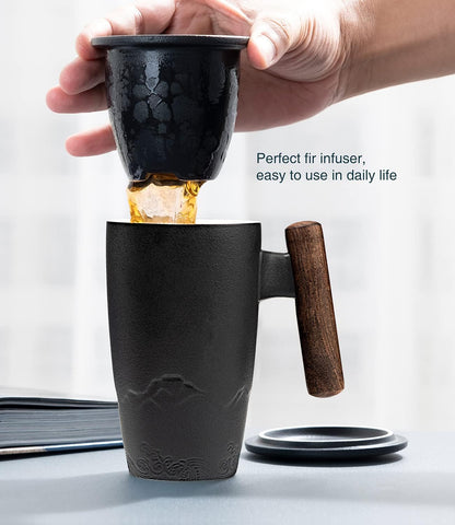 suyika Ceramic Tea Cup with Infuser and Lid Tea Mugs Wooden Handle 400ml/13.5oz Dark Green