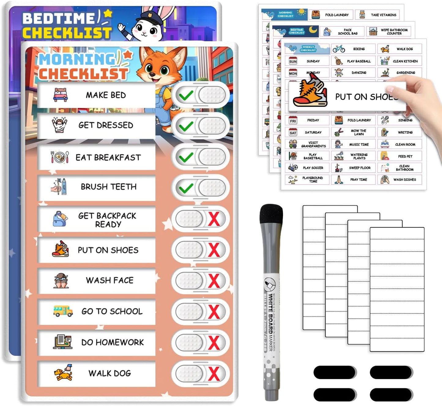 2 in 1 Upgraded Slider Morning/Bedtime Routine Chart for Kids Toddlers - Magnetic Kids Chore Chart for 2 Kids, Dry Erase Chore Chart for Kids, Visual Schedule for Kids with Cute Chore Stickers
