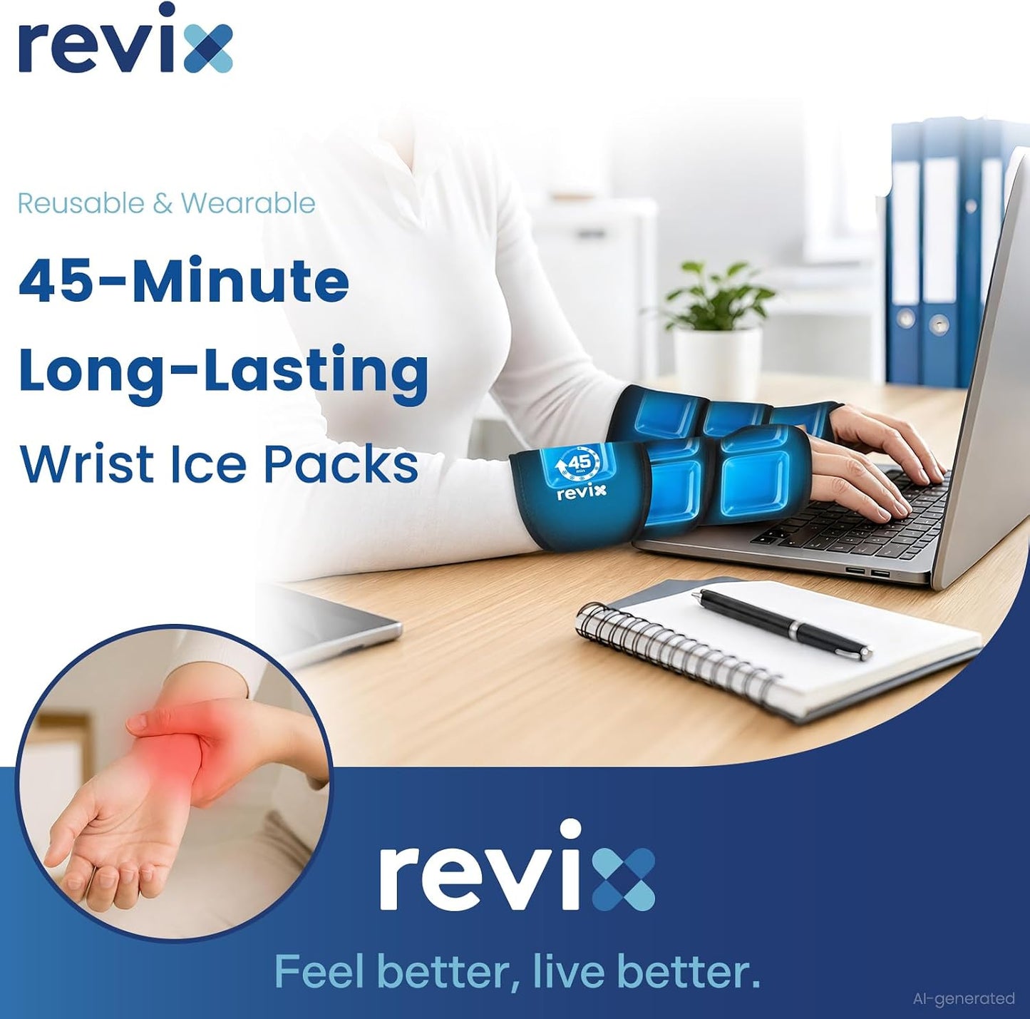 REVIX 45-Min Long-Lasting Wrist Ice Pack for Carpal Tunnel Relief, 2-Pack | Reusable Cold Gel Wrap for Wrist & Hand Surgery Recovery, Sprains & Tendonitis, Hands-Free Ice Pack for Men & Women