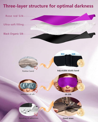 Silk Sleep Mask for Women and Men - Soft Breathable Organic Natural Mulberry Silk Fabric Blackout Eye Mask with Adjustable Straps No Pressure Eye Mask for Travel Essentials Gifts (Black)