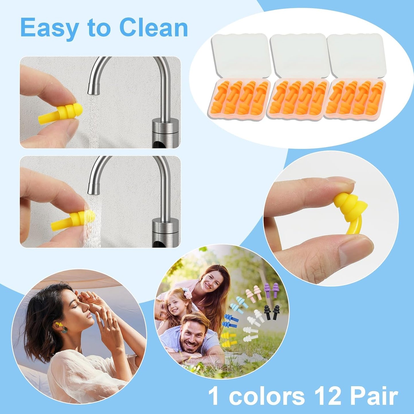 Ear Plugs for Sleeping,12 Pair Earplugs Noise Canceling Soft Silicone Ear Plug Reusable Earplugs for Sleep,Concert,Swimming,Study,Loud Noise,Snoring(Black Blue Purple)