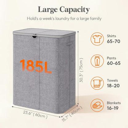 Lifewit 185L 3 Section Laundry Hamper with Lid, Laundry Basket, Beige | Large Foldable Laundry Sorter with 3 Removable Bags, Tall Clothes Hamper for Bedroom and Bathroom