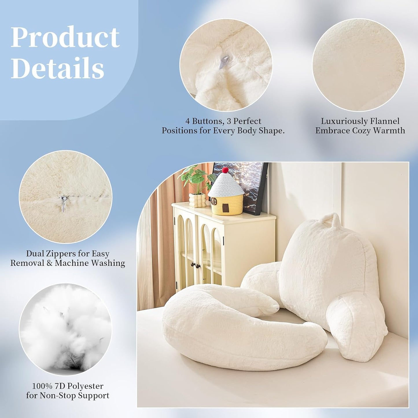 Reading Pillow with Arms for Sitting in Bed,Backrest,White Flannel,M | 17" Backrest Supports Back for College Students,Elbows & Forearms for Dorm Reading,Gaming,Watching TV