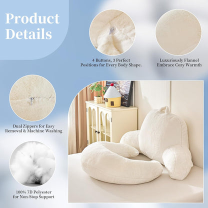 Reading Pillow with Arms for Sitting in Bed,Backrest,White Flannel,M | 17" Backrest Supports Back for College Students,Elbows & Forearms for Dorm Reading,Gaming,Watching TV
