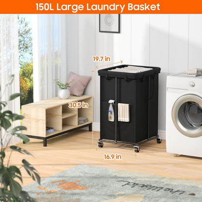 Laundry Hamper with Wheels, 150L Rolling Laundry Basket with Bag & Handles | Sturdy Metal Frame | Removable Bag | Large & Tall Dirty Clothes Hampers for Laundry Room, Bedroom, Dorm, Bathroom-Black
