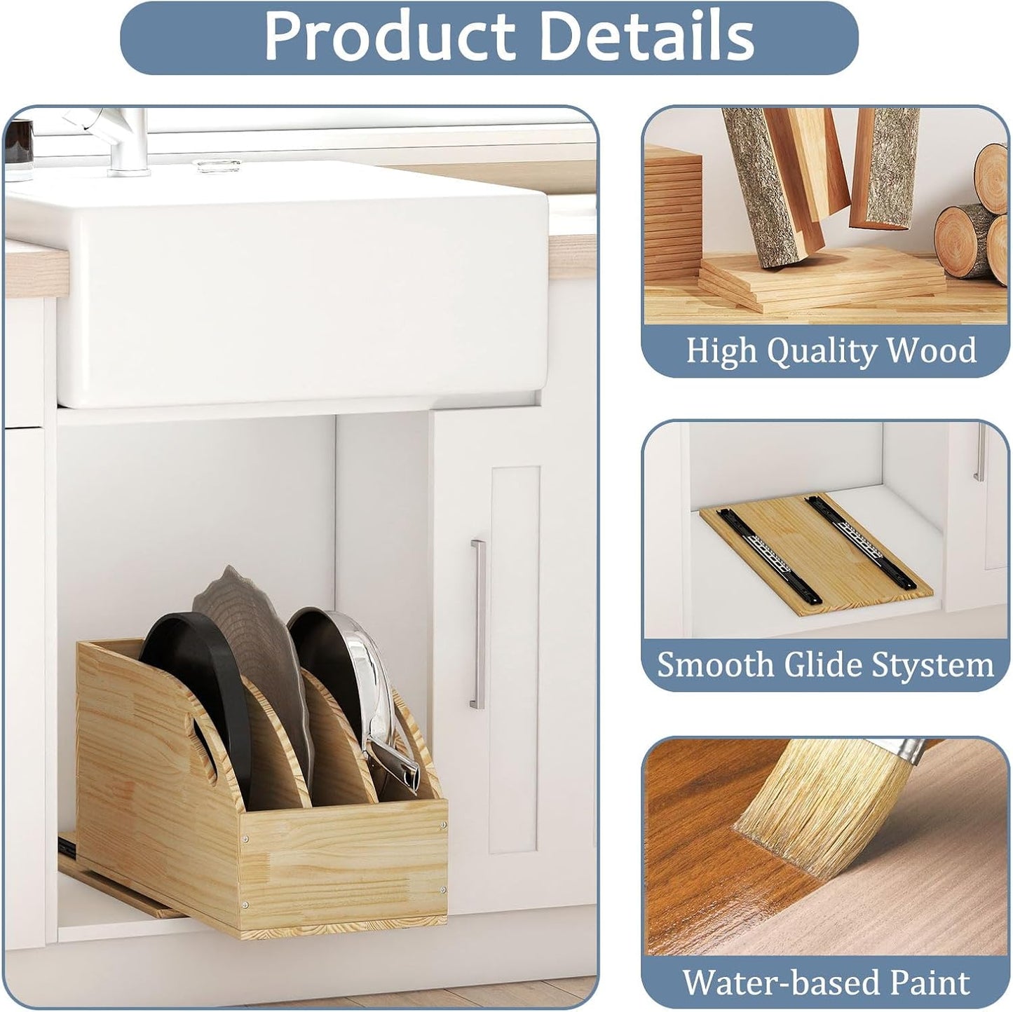 Pull Out Cookie Sheet Organizer for Cabinet, 10.5"W X 21"D X 10.6"H | Wooden, Cutting Board Organizer Rack, Vertical Tray Dividers, For Storage Pans, Baking Tray