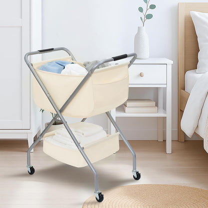 STORAGE MANIAC Collapsible Laundry Cart with Wheels 35.6"H Removable Canvas Bag Rolling Laundry Hamper Clothes Basket with Wheels, Sturdy Steel Frame Folding for Small Narrow Space Easy Storage, Beige