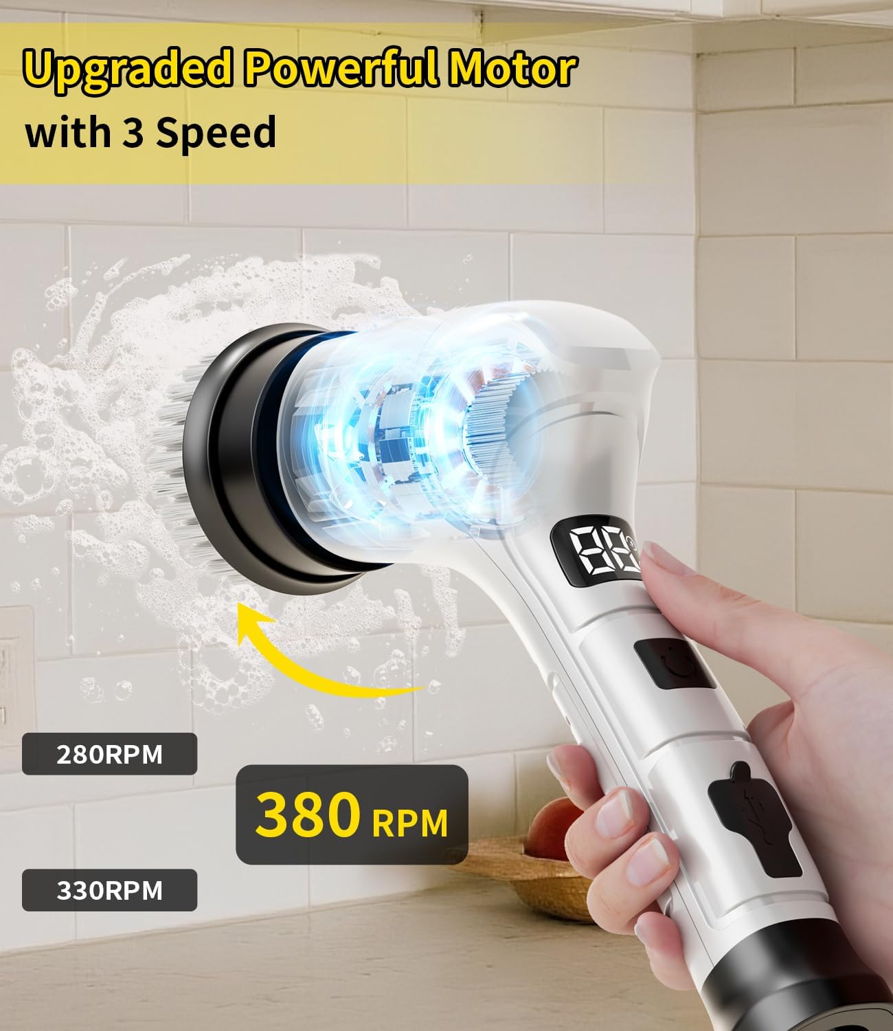 Electric Spin Scrubber, Cordless Household Cleaning Brush with 6 Replaceable Heads, 3 Speeds, LED Display, Lightweight Handheld Power Scrubber for Cleaning Stove/Bowl/Sink/Corner/Tile/Grout-Black