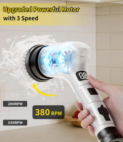 Electric Spin Scrubber, Cordless Household Cleaning Brush with 6 Replaceable Heads, 3 Speeds, LED Display, Lightweight Handheld Power Scrubber for Cleaning Stove/Bowl/Sink/Corner/Tile/Grout-Black