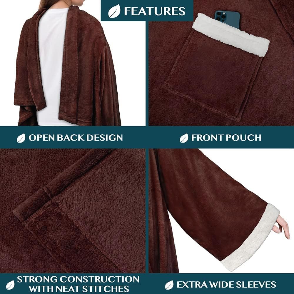 PAVILIA Wearable Blanket with Sleeves and Pocket for Women Men, Sherpa Trim