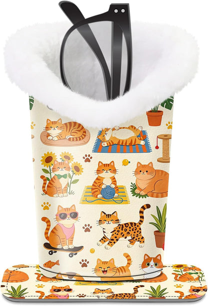 Plush Lined Eyeglasses Holder, Cute Magnetic PU Leather Glasses Stand Case for Women Men Kids