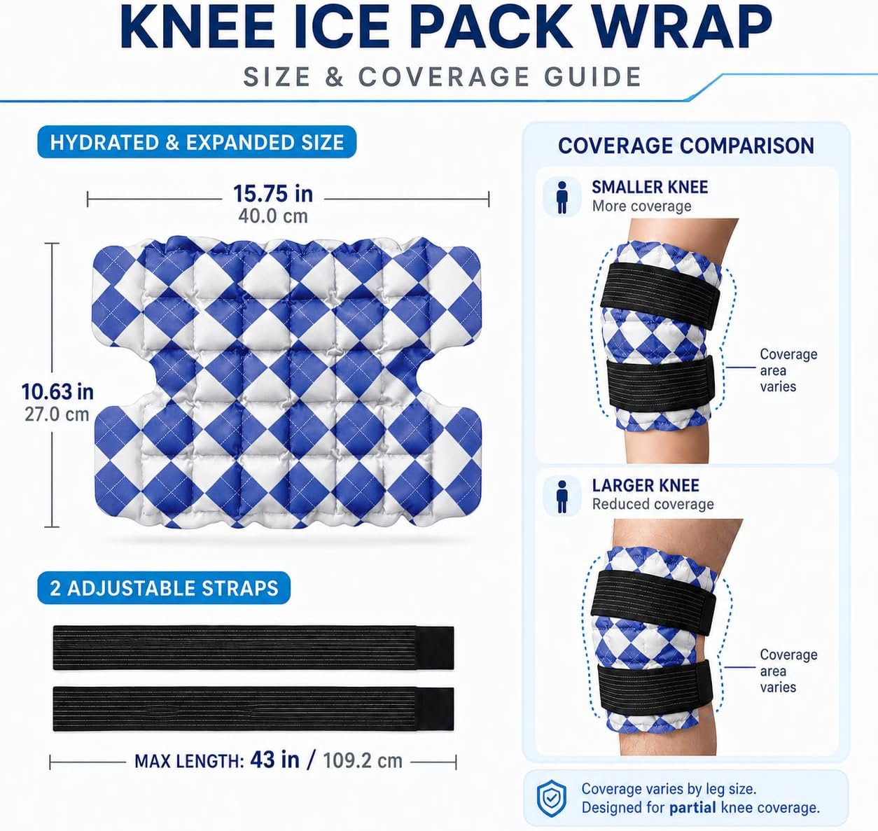 WORLD-BIO Ice Packs for Injuries Reusable, Knee Ice Pack Wrap with Straps, Gel Ice Wrap for Leg Pain Relief, Hot & Cold Compress Therap for Swelling, Water Soak Needed, Light Blue, 1Pack