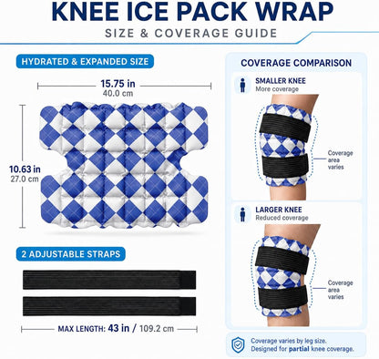 WORLD-BIO Ice Packs for Injuries Reusable, Knee Ice Pack Wrap with Straps, Gel Ice Wrap for Leg Pain Relief, Hot & Cold Compress Therap for Swelling, Water Soak Needed, Light Blue, 1Pack