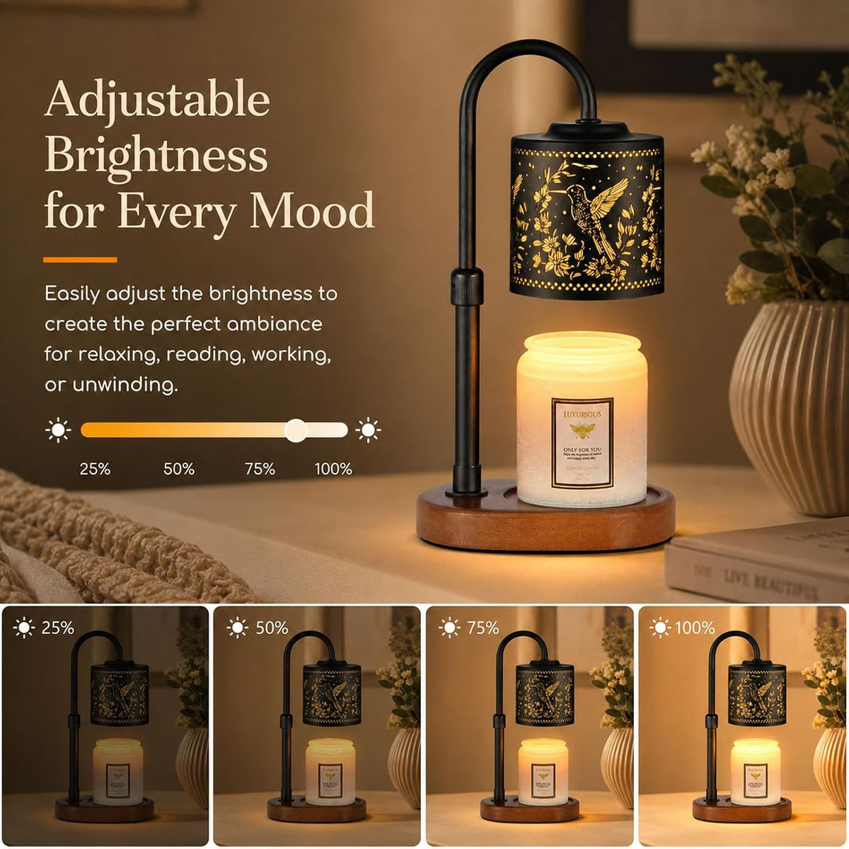 Dimmable Candle Warmer Lamp with Timer Adjustable Height for Scented Jar Candles Electric Candle Wax Melt Warmer for Home Decor Christmas Birthday Gifts for Women Mom(Hummingbird)