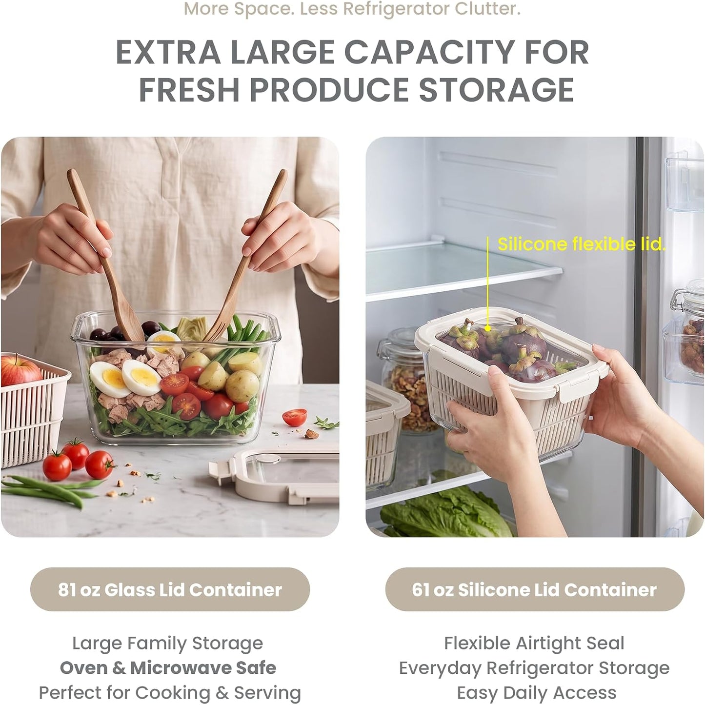 Glass Produce Storage Containers for Fridge, 2-Pack – Airtight Fruit & Vegetable Containers with Removable Colanders, Flexible Silicone Lids,LeakProof, BPA-Free Borosilicate Glass