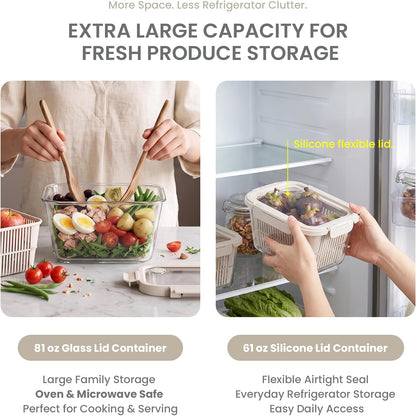 Glass Produce Storage Containers for Fridge, 2-Pack – Airtight Fruit & Vegetable Containers with Removable Colanders, Flexible Silicone Lids,LeakProof, BPA-Free Borosilicate Glass
