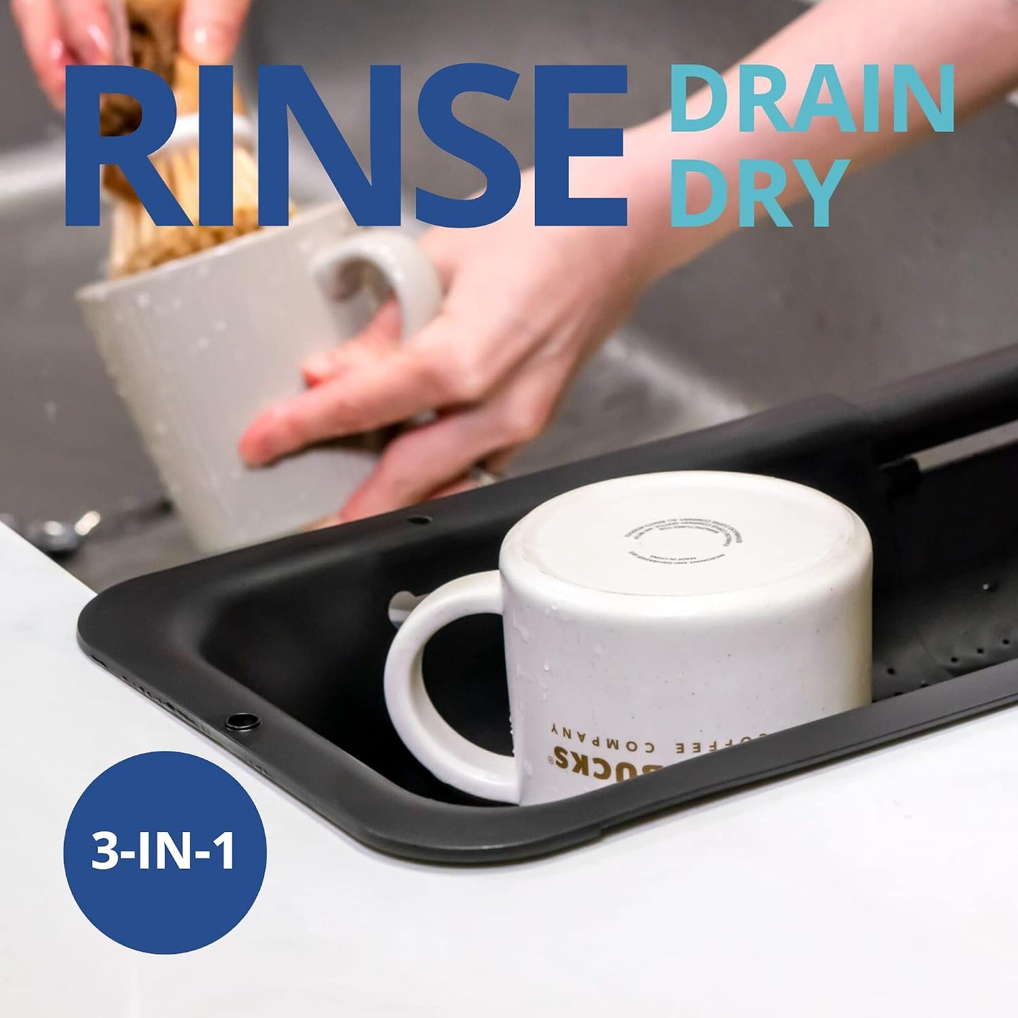 Blue Ginkgo Over Sink Colander, Extendable Kitchen Strainer, Grey | Fits Most Sinks. Rinse, Drain and Dry with Ease.