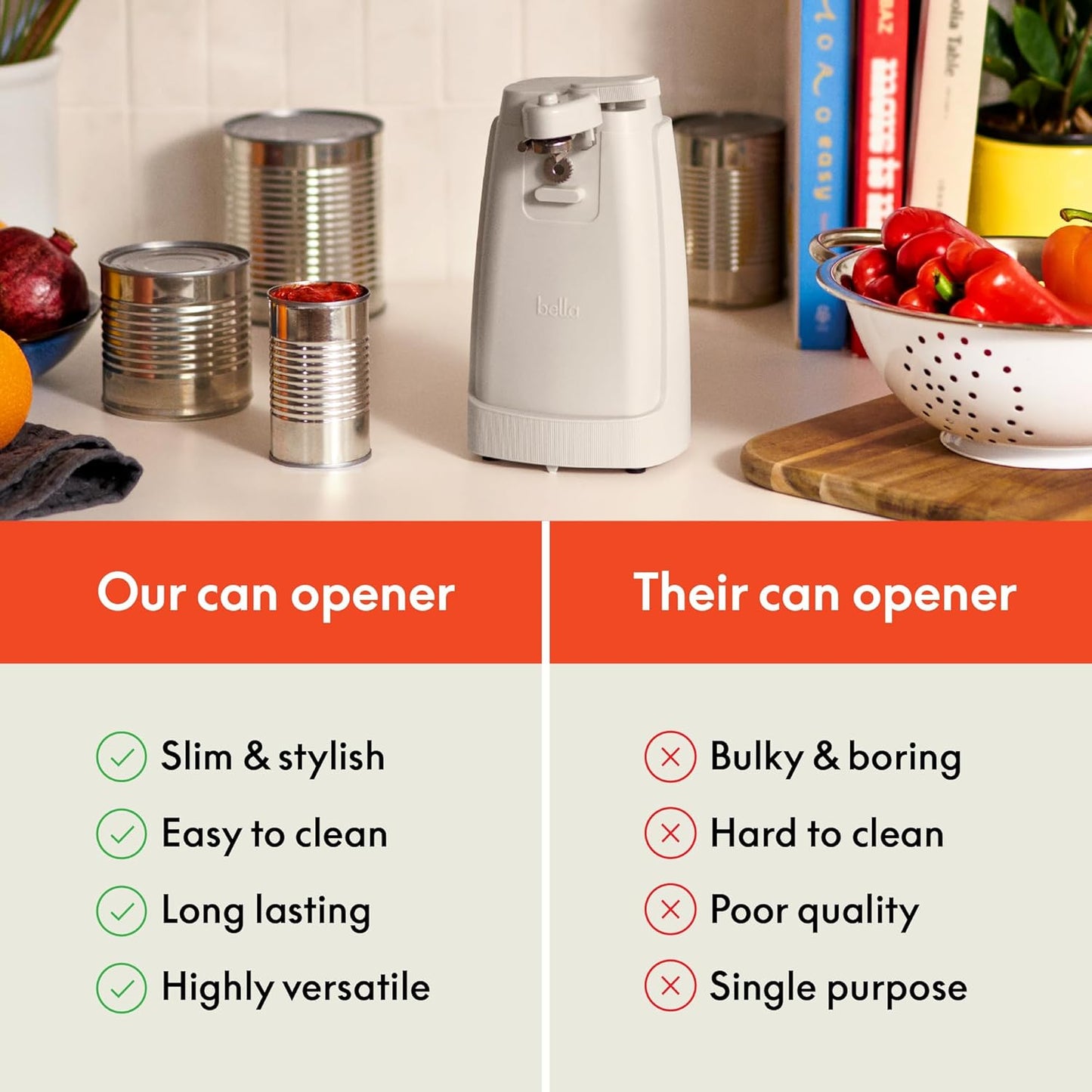 bella Automatic Can Opener, Hands Free, Battery Operated, Cordless, Stainless steel blade to open any Size Can with Magnet to Safely Remove Lid, Seamless Opening Decreases Sharp Edges, Slate