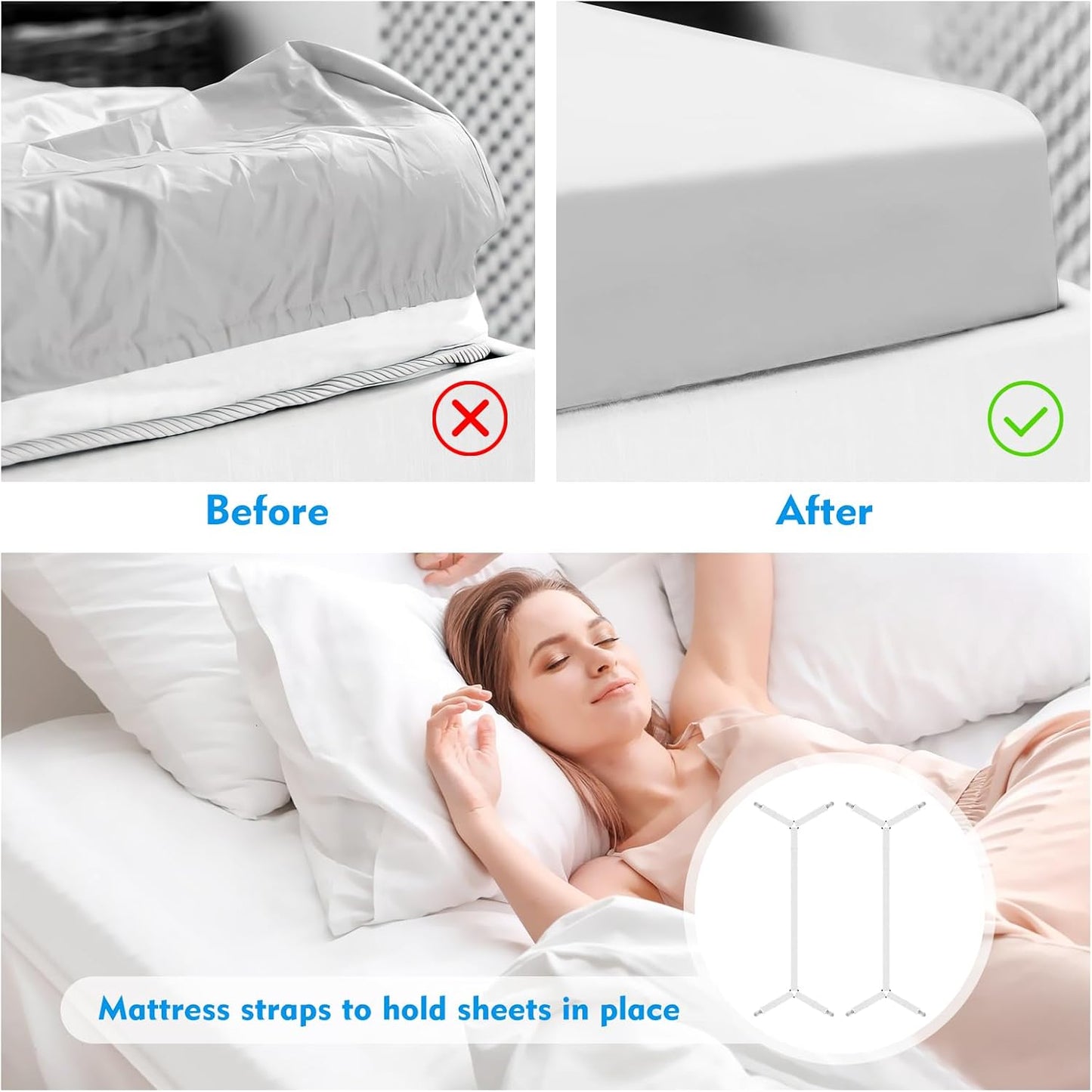 Bed Sheet Straps, 2Pcs Elastic Adjustable Bed Sheet Holder Straps, Fitted Sheet Straps to Hold Sheets in Place with Metal Clips, Sheet Holders for Mattress Cover, Sheet, Sofa Cushion (Black)