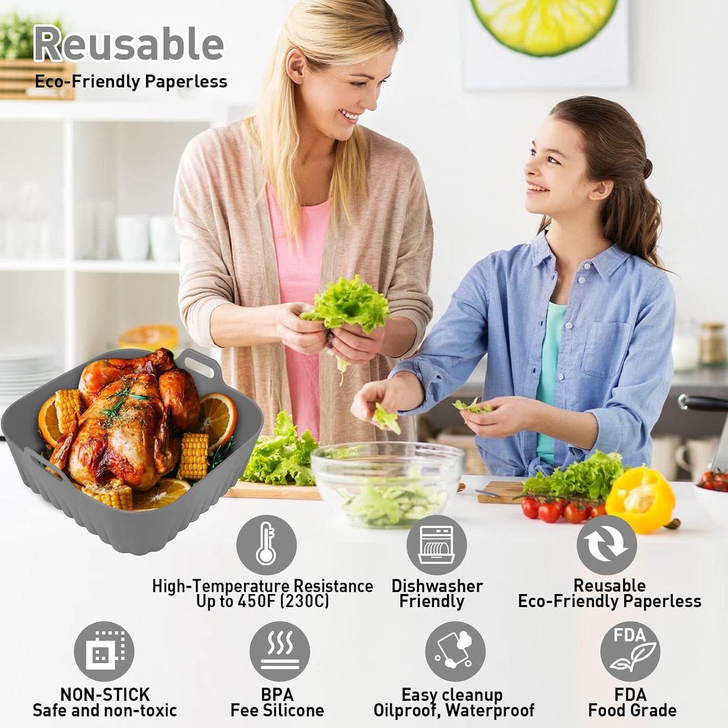 Silicone Air Fryer Liners 10QT, Reusable Airfryer Basket Liners Rectangular for Ninja DZ550/DZ401, 2Pcs 5QT Large Air Fryer Accessories,Replacement Basket Insert with Magnetic Cheat Sheet (2 Pcs Grey)