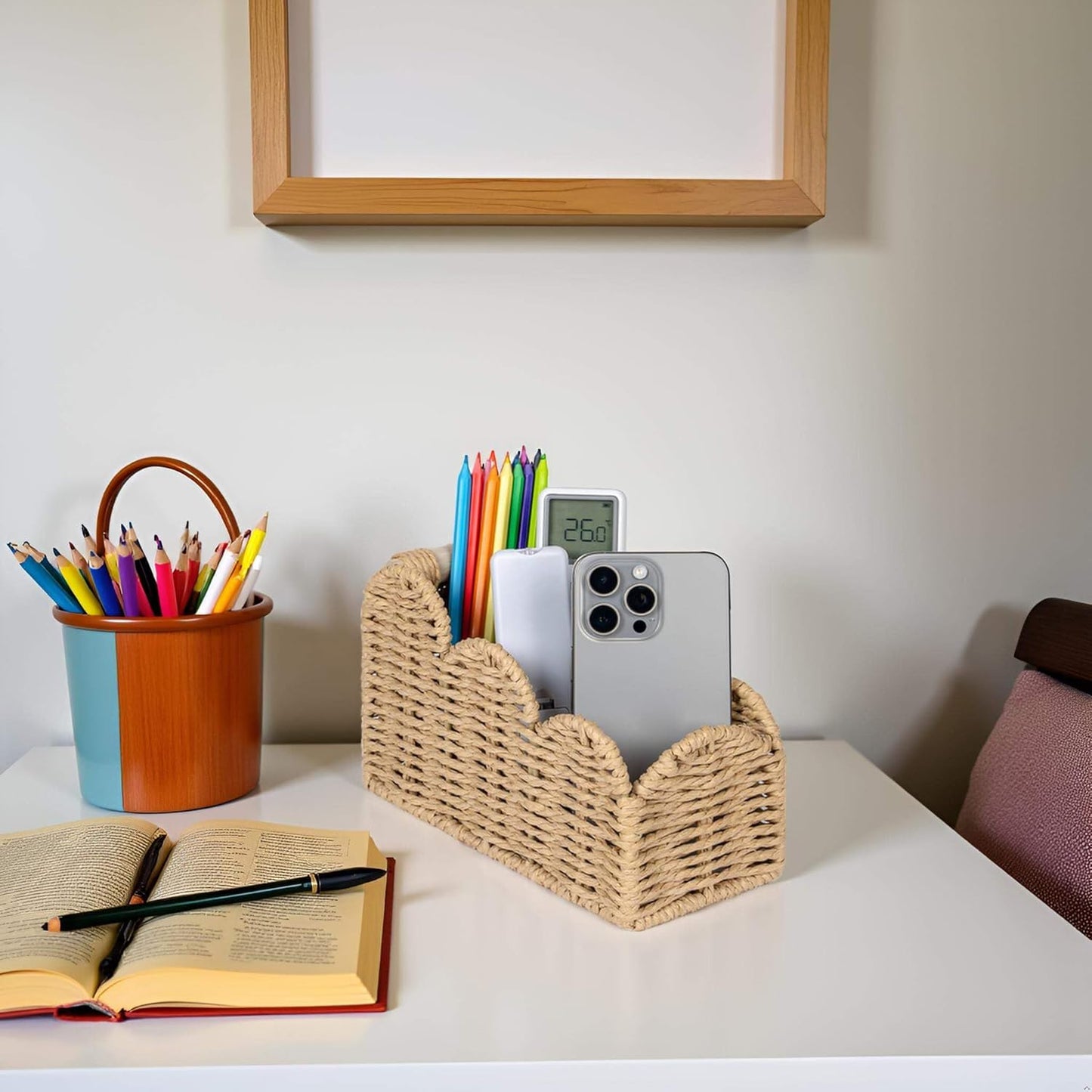 CubesLand Bedside Table Desk Organizer Caddy, Remote Pen&Pencil Holder Cup | Makeup Brush Holder w/Scalloped Perfect for Home, Office Desk, Living Room Table Decor, 3 Slots Neutral