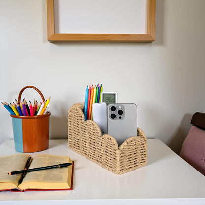CubesLand Bedside Table Desk Organizer Caddy, Remote Pen&Pencil Holder Cup | Makeup Brush Holder w/Scalloped Perfect for Home, Office Desk, Living Room Table Decor, 3 Slots Neutral
