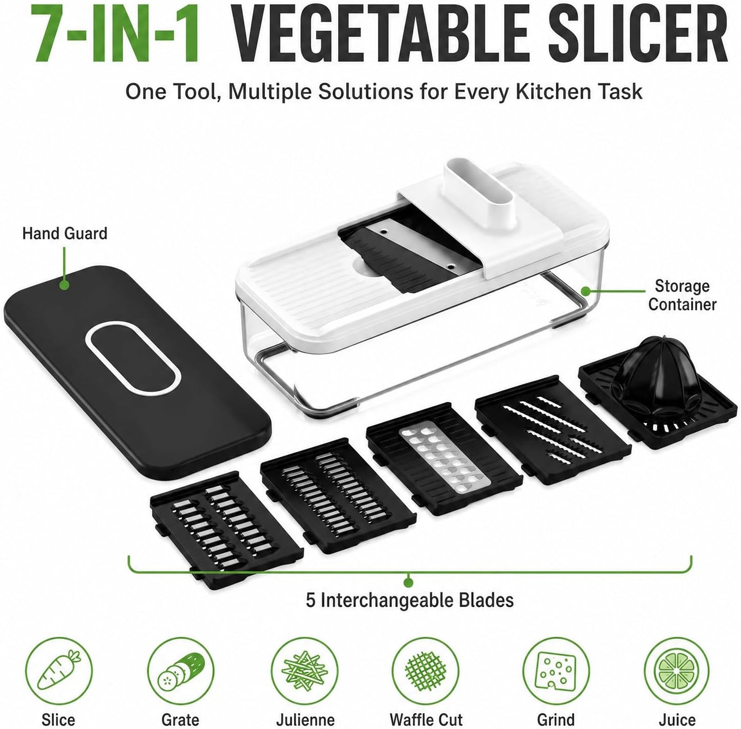 7-in-1 Mandoline Vegetable Slicer, Multi-Purpose Food Chopper & Grater with 5 Interchangeable Blades, Adjustable Julienne Cutter with Container & Safety Guard, Kitchen Gadget for Meal Prep