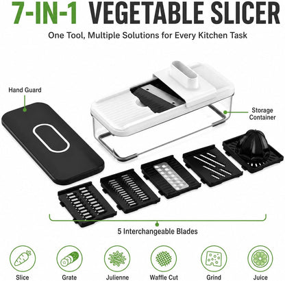 7-in-1 Mandoline Vegetable Slicer, Multi-Purpose Food Chopper & Grater with 5 Interchangeable Blades, Adjustable Julienne Cutter with Container & Safety Guard, Kitchen Gadget for Meal Prep