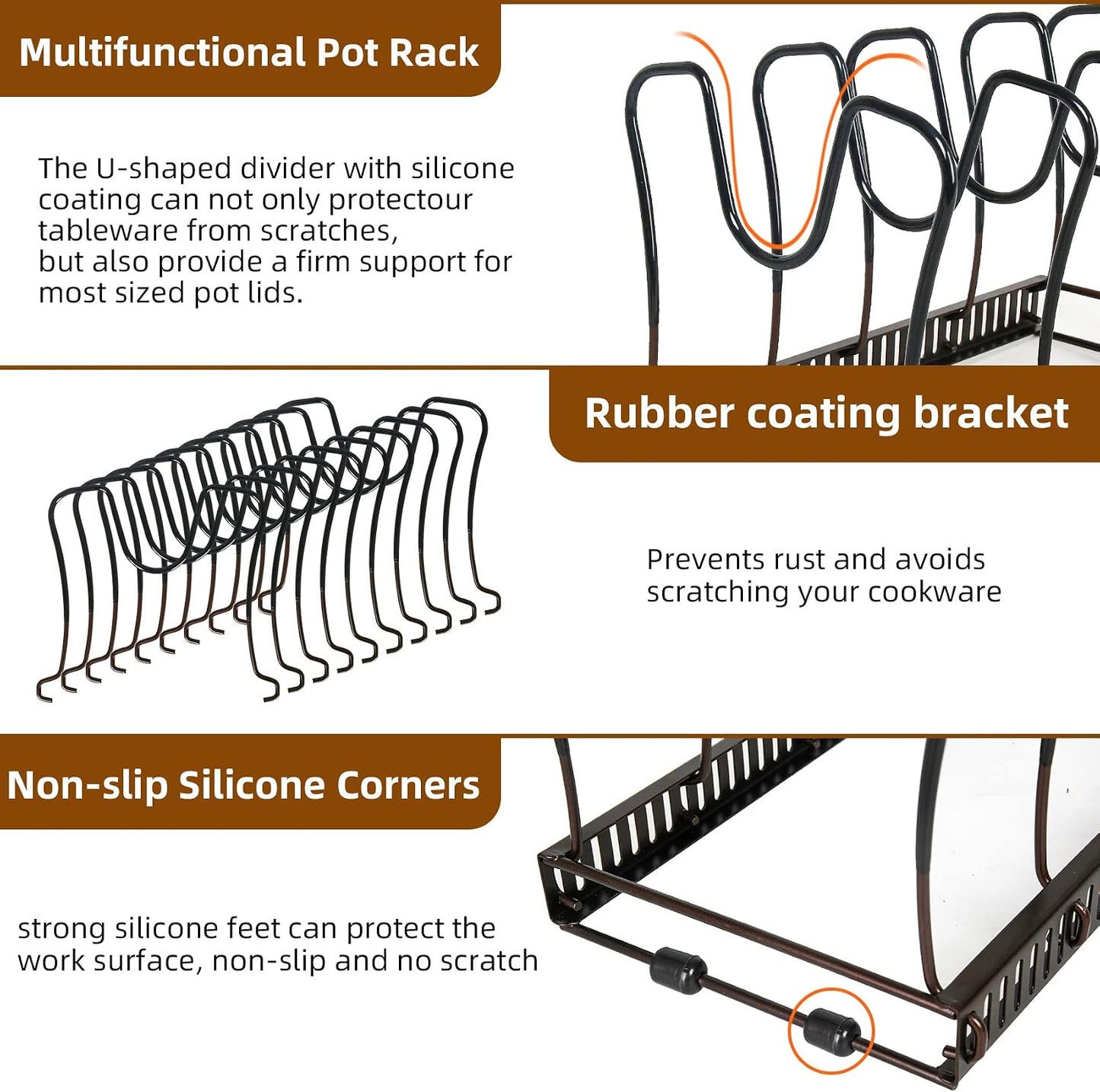 ROOHUA Pot and Pan Lid Organizer Rack for Under Cabinet, 12"-23" Expandable | 10 Adjustable Dividers, Holds Pan Lids, Cookware & Bakeware, Creates Tidy Cabinet Storage, Durable Metal, Bronze