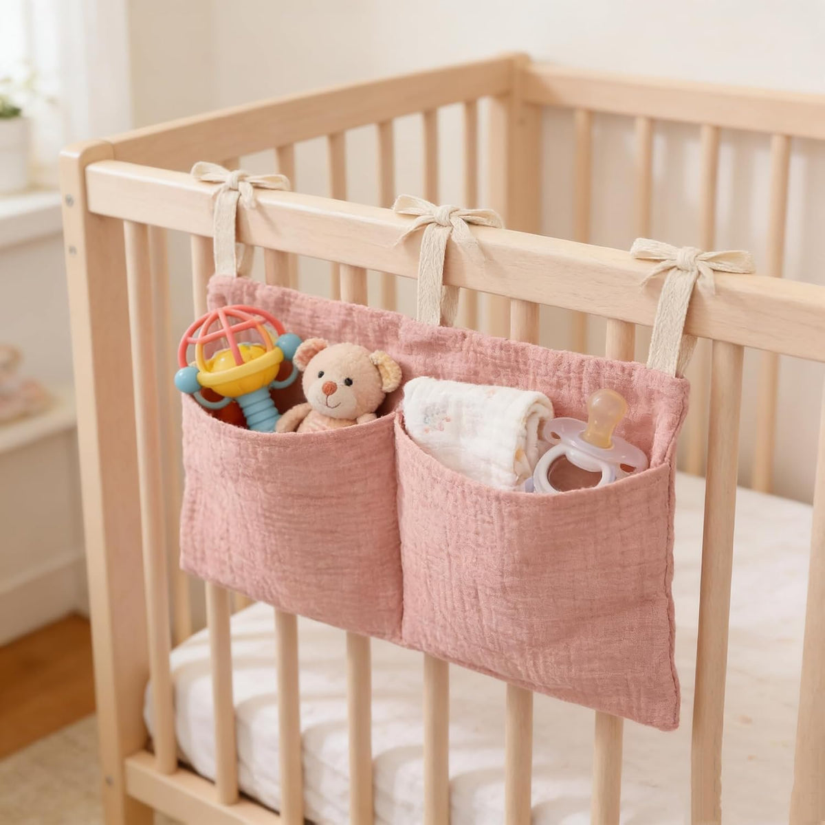 Baby Bedside Hanging Storage Bag Muslin Cotton Teddy Bear, Crib Diaper Caddy Organizer 2 Pockets, Nappy-Dormitory Nursery Organization Holder for Cribs, Playard or Wall Milk Bottle Bib Organizing