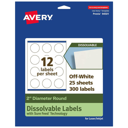 Avery Dissolvable Round Labels, Sure Feed Technology, 2" Diameter, Matte White, Print-to-The-Edge, Laser/Inkjet Printable, 60 Labels Total