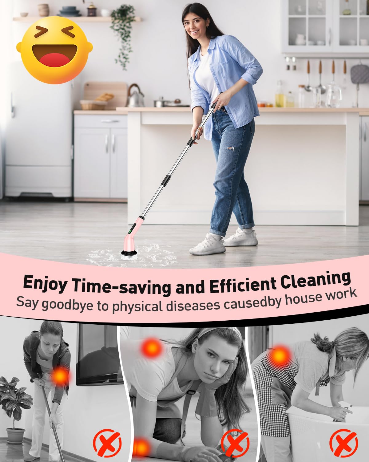 Electric Spin Scrubber for Bathroom, Shower Scrubber with Long Handle | Shower Cleaner Brushes, IPX7 Waterproof & 2 Speed, 3 Brush Heads, 90min Runtime, Bathroom Cleaning Supplies for Toilet Tub
