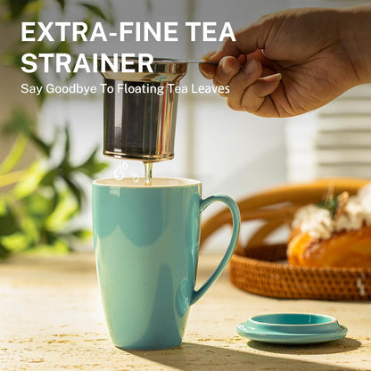 Sweese 15oz Porcelain Tea Mug with Infuser and Lid – Microwave Safe, Ergonomic Handle, Lead-Free Glaze, for Loose Leaf Tea