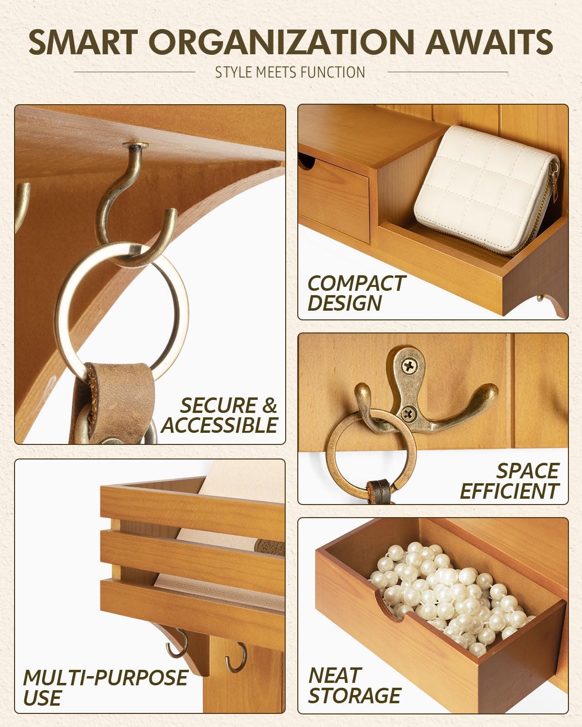 Rebee Vision Key Holder Wall Mount with Drawer Organizer for Entryway,Brown | Pine Wood, 6 Key Hooks, Display Shelf for Plants, Mail Slot for Storage Letter, Multi-Funtional Design, Home Storage