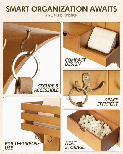 Rebee Vision Key Holder Wall Mount with Drawer Organizer for Entryway,Brown | Pine Wood, 6 Key Hooks, Display Shelf for Plants, Mail Slot for Storage Letter, Multi-Funtional Design, Home Storage